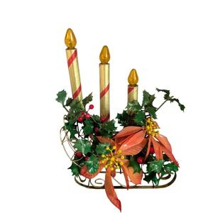 Vintage Lighted Sleigh Christmas Candle Display Holly‎ Poinsettia MCM 13x9x4.5"